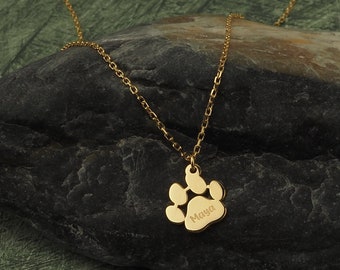 14k Solid Gold Paw Print Name Necklace: Personalized Pet Pendant