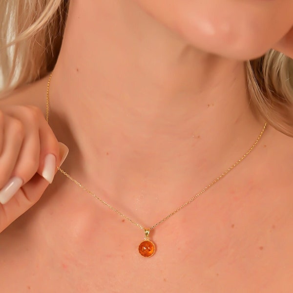 14k Solid Gold Orange Amber Necklace, Delicate Gemstone Pendant, Amber Dainty Necklace, Everyday Necklace, Gift For Women