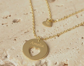 14K Gold Personalized Heart Necklace: Initial Charm, Custom Name
