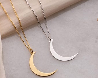 Dainty Crescent Moon Necklace: 14K Solid Gold or Sterling Silver, Rolo Chain