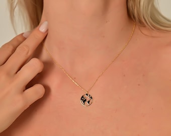 14 kt gouden aardeketting, minimalistische wereldkaarthanger, wereldbolbedelsieraden