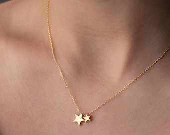 14K Gold Star Necklace • Dainty Two Star Pendant • Minimalist Fine Jewelry Gift