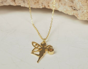 Fairy Necklace with Birthstone, 14k Solid Gold Fairy Charm Necklace, Gift For Granddaughter, Graduation Gift