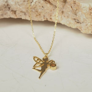 Fairy Necklace with Birthstone, 14k Solid Gold Fairy Charm Necklace, Gift For Granddaughter, Christmas Gift