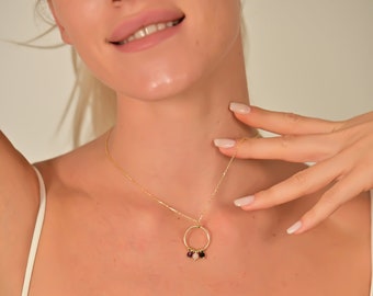 14K Gold Birthstone Halskette für Oma, minimalistische drei Birthstone Halskette, Kreis Geburtsmonat Anhänger, Geschenk für Frauen