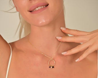 14K Gold Birthstone Necklace: Minimalist Family Circle Pendant