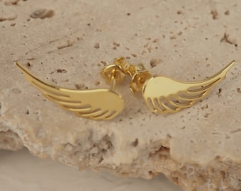 Angel Wings 14k Solid Gold Stud Earrings, Celestial Dainty Gold Earrings, Wing Earrings, 14K Gold Stud Earrings, Minimalist Earrings