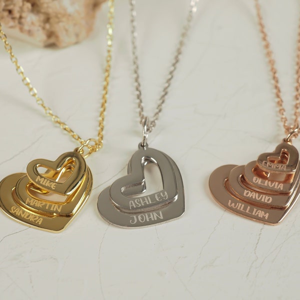 14k Solid Gold Multiple Heart Name Necklace, Personalized Kids Name Necklace, Family Children Name Charm Necklace, Jewelry for Mom