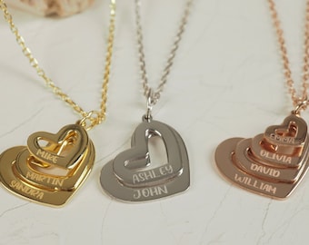14k Solid Gold Multiple Heart Name Halskette, personalisierte Kinder Name Halskette, Familie Kinder Name Charm Halskette, Muttertagsgeschenk