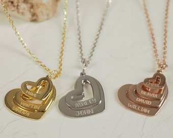 14k Solid Gold meerdere hart naam ketting, gepersonaliseerde kindernaam ketting, familie kinderen naam charme ketting, sieraden voor moeder