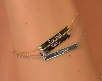 Personalized Name Bar Bracelet For Mom, Horizontal Engraved Bracelet, Minimalist Charm Bracelet, Perfect Gift For Women