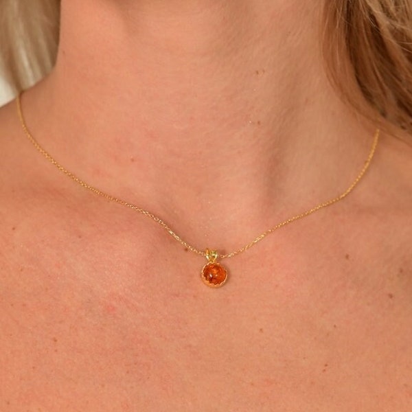 Amber Necklace, 14k Solid Gold Delicate Gemstone Pendant, Orange Amber Dainty Necklace, Everyday Necklace, Gift For Women