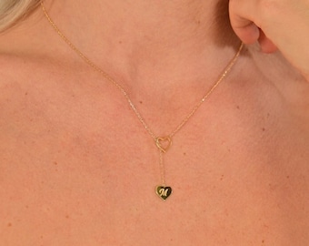 14k Gold Personalized Tiny Initial Heart Lariat Necklace, Heart Drop Charm Necklace For Her, Perfect Gift For New Mom, Handmade Jewelry