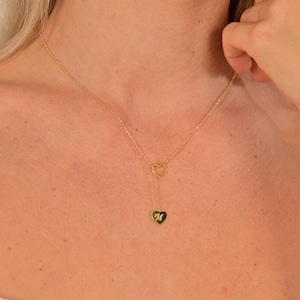 14k Gold Personalized Tiny Initial Heart Lariat Necklace, Heart Drop Charm Necklace For Her, Perfect Gift For New Mom, Handmade Jewelry