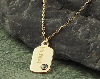14k Solid Gold Personalized Name Tag Necklace with Birthstone