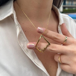 Ring Holder Necklace & Geometric Name Necklace, 14k Solid Gold Customize Memorial Pendant, Personalized Jewelry, Mother's Day Gift