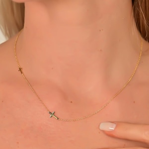 14K Gold Customized Double Cross Name Necklace, Personalized Dainty Cross Pendant, Religious & Cross Jewelry, Mother&#39;s Day Gift