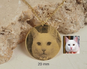 Personalized Disc Pet Portrait Necklace With Name, 14K Gold Custom Cat Dog Memorial Photo Pendant, Mother&#39;s Day Gift