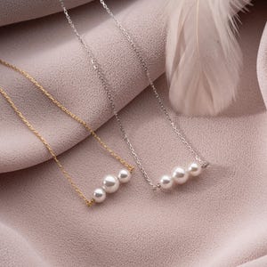 14K Solid Gold 3-Pearl Pendant Necklace: Minimalist Pearl Choker