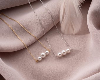 14K Gold 3-Pearl Pendant Necklace: Minimalist Pearl Choker