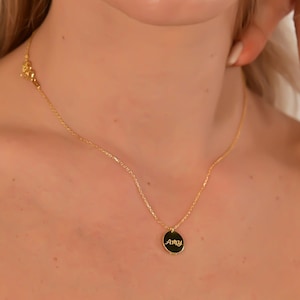 Disc Name Necklace, Personalized Coin With Initial Charm Pendant, Small Circle Name Disc Choker, Tiny Anniversary Gift, Mother&#39;s Day Gift