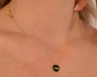 14k Solid Gold Minimalist Name Disc & Date Bar Necklace, Custom Name Pendant, Personalized Jewelry, Christmas Gift