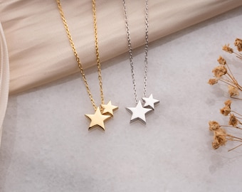 14K Gold Double Star Necklace: Celestial Charm Choker