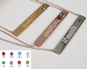 Name Bar Halskette mit Geburtsstein, 14k Gold Individuell gravierte Bar Name Charm Halskette, personalisierter Schmuck, Valentinstag Geschenk