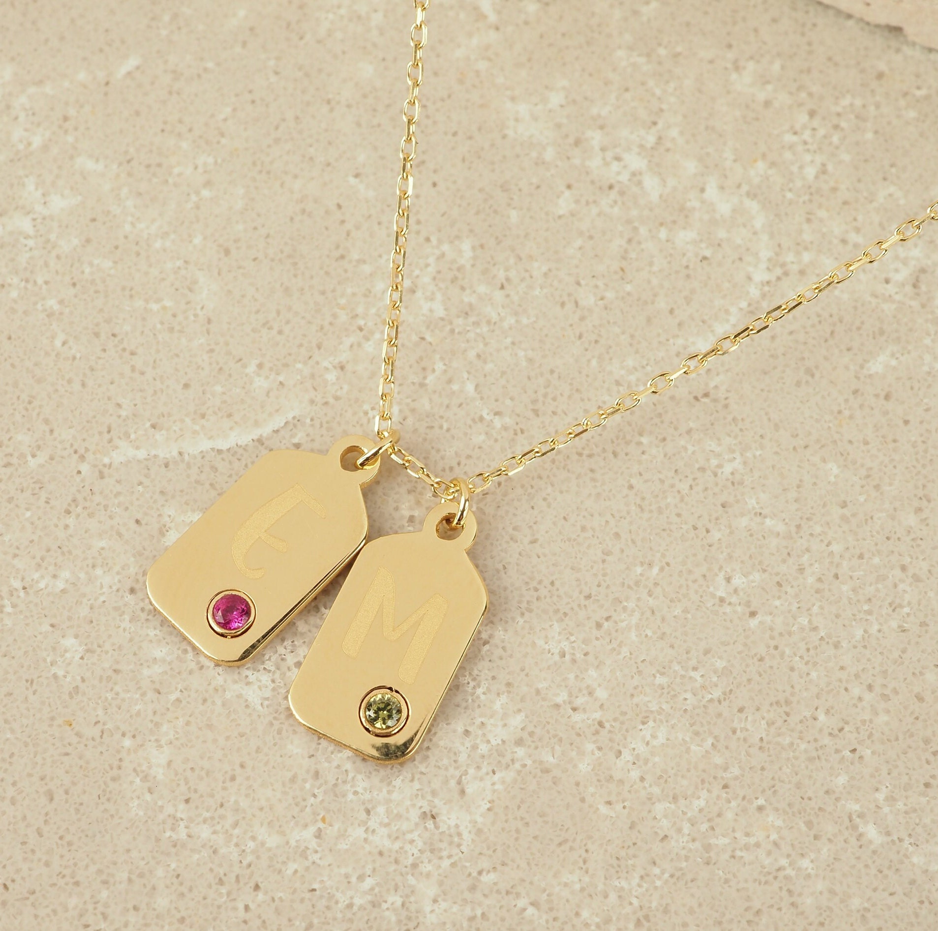14k Solid Gold Mom Bar Tag Name Necklace With Birthstone