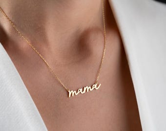 14K Solid Gold Mama Necklace: Dainty Mom Pendant, Non-Tarnish