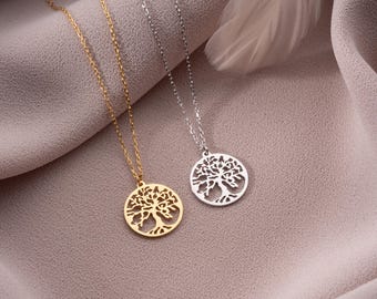 14K Solid Gold Tree of Life Pendant Necklace, Minimalist