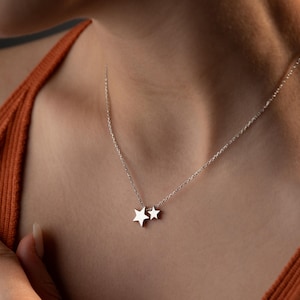 14K Gold Small Star Necklace for Mom, Double Star Pendant, Celestial Charm, Handmade Necklace, Star Choker Necklace, Christmas Gift