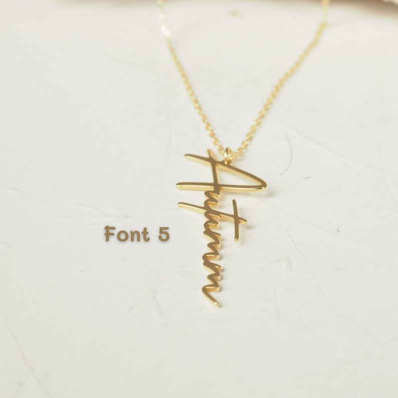 14k Solid Gold Personalized Minimalist Vertical Name Necklace, Handwritting Charm Necklace, Birthday Gift, Christmas Gift image 2