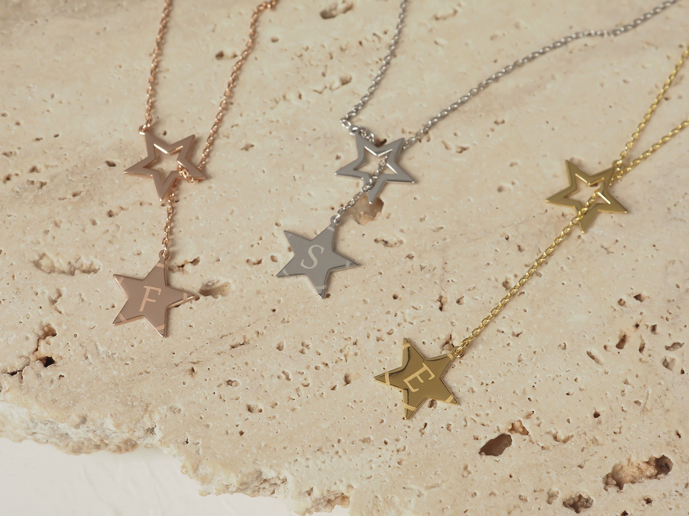 14k Solid Gold Initial Star Necklace, Customized Bridesmaid Jewelry, Personalized Letter Dainty Pendant, Mother's Day Gift