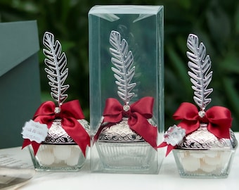 Bulk Wedding Favors: Custom Candy Jar with Feather Charm