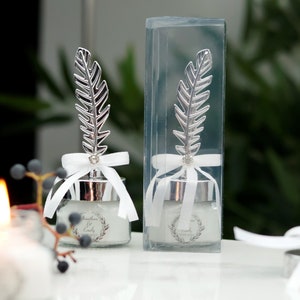 Wedding Favors for Guests | White and Silver Candle Favors | Rustic Wedding Favors | Elegant Candle Favors | Feather Lid  Ribbon Rhinestone