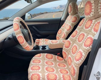 Custom Crochet Car Seat Covers & Steering Wheel Cover Set, Granny Square Sunburst Car Accessories, Handmade Boho Car Interior Decor