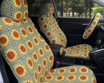 Ensemble de housses de siège auto et de couvre-volant au crochet, accessoires de voiture grand-mère carré sunburst, décoration d'intérieur de voiture bohème faite main