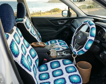 Custom Crochet Car Seat Covers & Steering Wheel Cover Set, Granny Square Sunburst Car Accessories, Handmade Boho Car Interior Decor