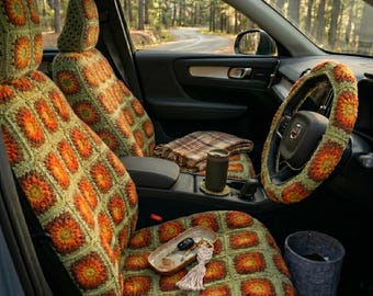 Crochet Car Seat Covers & Steering Wheel Cover Set, Granny Square Sunburst Car Accessories, Handmade Boho Car Interior Decor