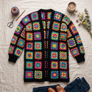 May include: A long, open-front cardigan with a black base and colorful square crochet patterns. The squares feature vibrant hues of pink, yellow, blue, and green. The sleeves and edges are solid black. A cup of coffee, yarn, and scissors are also visible.
