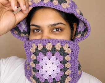 Handgemachte Häkelmütze Oma Quadrat Balaclava Haube | Chunky Kapuzen Kutte |Cottagecore Winter Haube |Gehäkelte Ski Maske |Boho Haube Schal |Geschenk für Sie