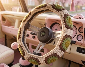 Funda de volante de ganchillo, juego completo de decoración para coche, fundas de asiento cuadradas estilo abuela, accesorios bohemios para coche, juego de interior hecho a mano