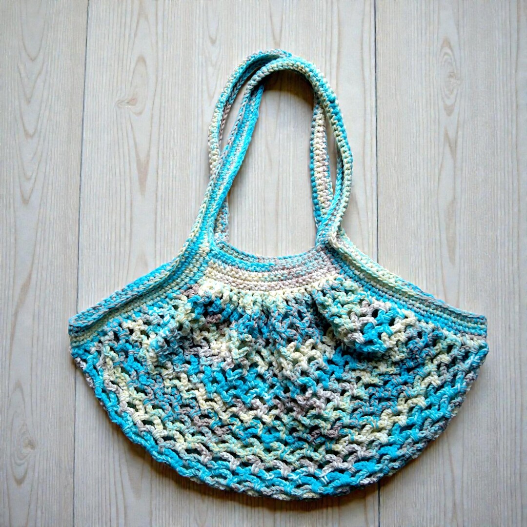 Crochet Mesh Market Bag Blue Multi Color Eco Friendly Reusable Tote ...