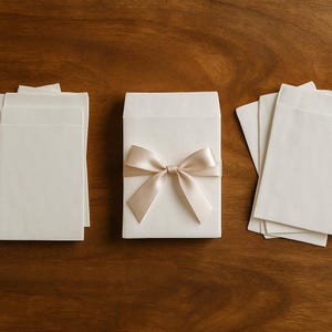 May include: Several white envelopes and a gift box tied with a light tan satin bow, arranged on a dark wood surface. The presentation is clean and elegant. Suitable for stationery or gift packaging.