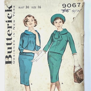 May include: Vintage sewing pattern for a dress with a matching jacket. The pattern is for size 16 and bust 36 inches. The pattern is illustrated with two women wearing the dress and jacket in a teal blue colour. The pattern number is 9067.