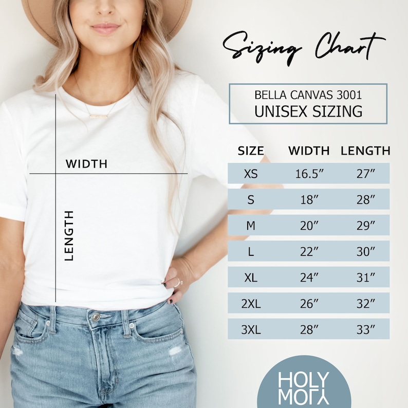 Pu&ograve; includere: Tabella di taglie unisex per t-shirt Bella Canvas 3001. La tabella mostra le misure di larghezza e lunghezza in pollici per le taglie XS a 3XL.