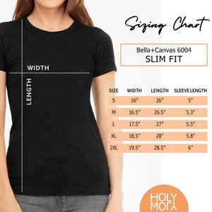 May include: A black t-shirt with a crew neck, featuring a sizing chart with measurements in inches for width, length, and sleeve length. The chart includes sizes S to 2XL, with the text "Bella+Canvas 6004 SLIM FIT".