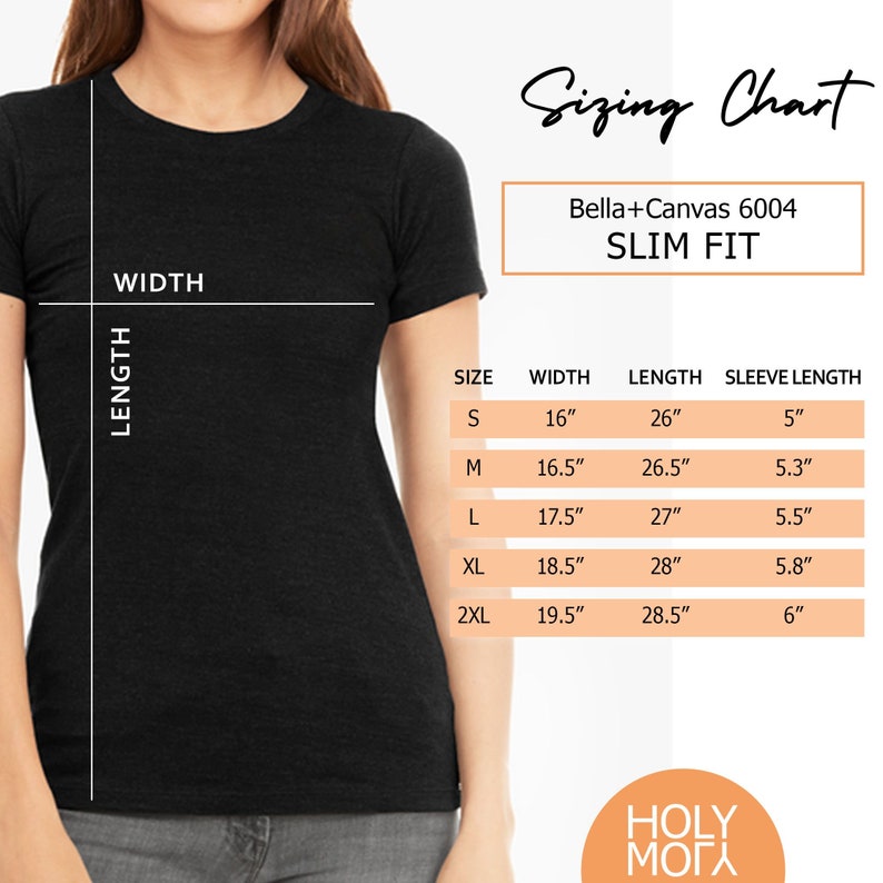 May include: A black t-shirt with a crew neck, featuring a sizing chart with measurements in inches for width, length, and sleeve length. The chart includes sizes S to 2XL, with the text "Bella+Canvas 6004 SLIM FIT".