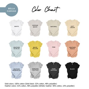 Pu&ograve; includere: Tabella colori che mostra 12 colori di maglietta diversi. I colori sono: Bianco, Bianco Vintage, Naturale, Crema Morbida, Heather Ice Blue, Giallo Mais, Rosa, Heather Peach, Heather Prism Blue, Heather Atletico, Heather Scuro e Nero. I colori solidi sono 100% cotone, il nero solido &egrave; 52% cotone e 48% poliestere. I colori Heather sono 52% cotone e 48% poliestere, l'Heather Atletico &egrave; 90% cotone e 10% poliestere.